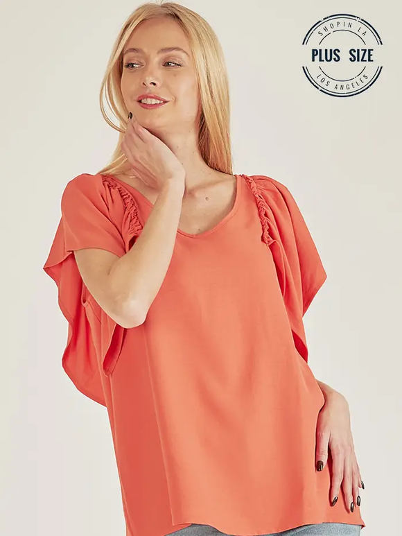 Curvy Ruffle Sleeve Loose Fitting Top - Coral