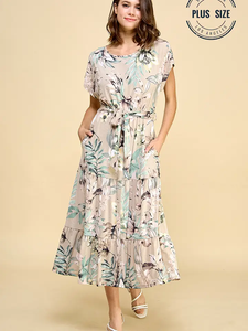 Curvy Multi Leaf Print Pocket Long Dress