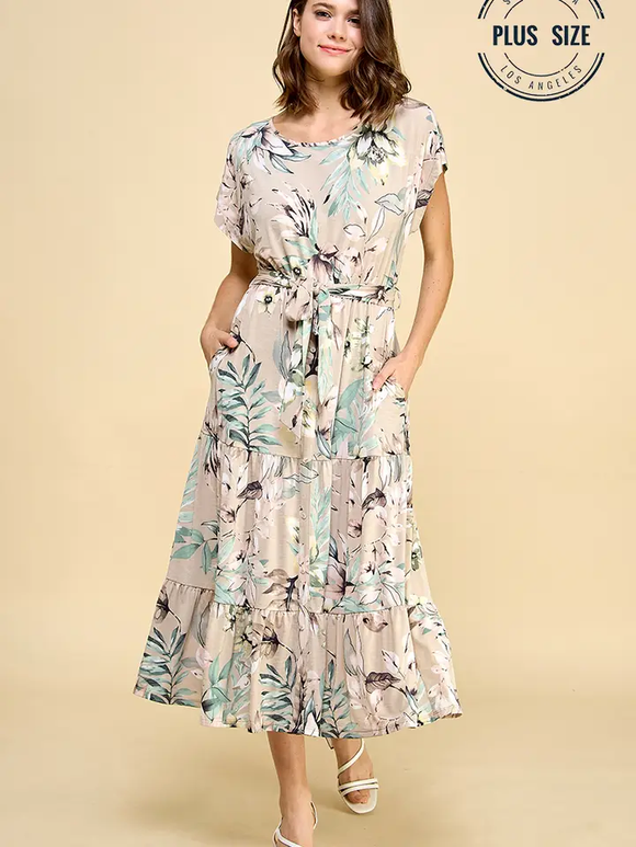 Curvy Multi Leaf Print Pocket Long Dress
