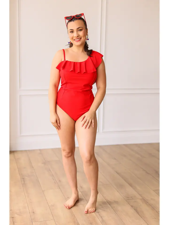 One Shoulder Ruffled One Piece Swim - Red