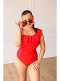 One Shoulder Ruffled One Piece Swim - Red