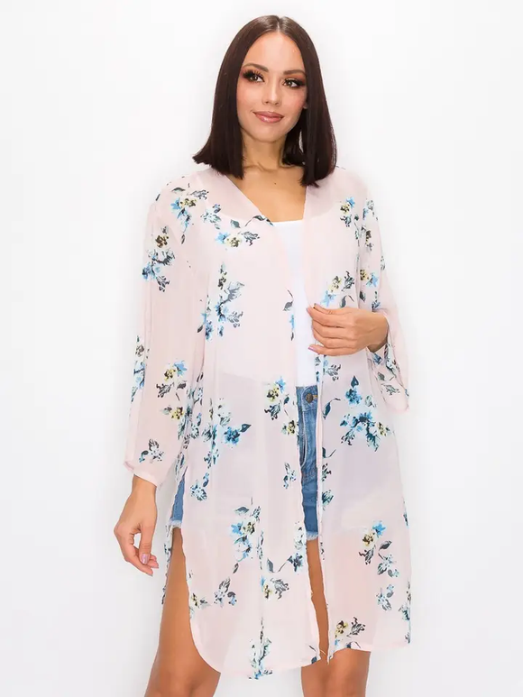Women Floral Print Side Slit Cardigan - Pink