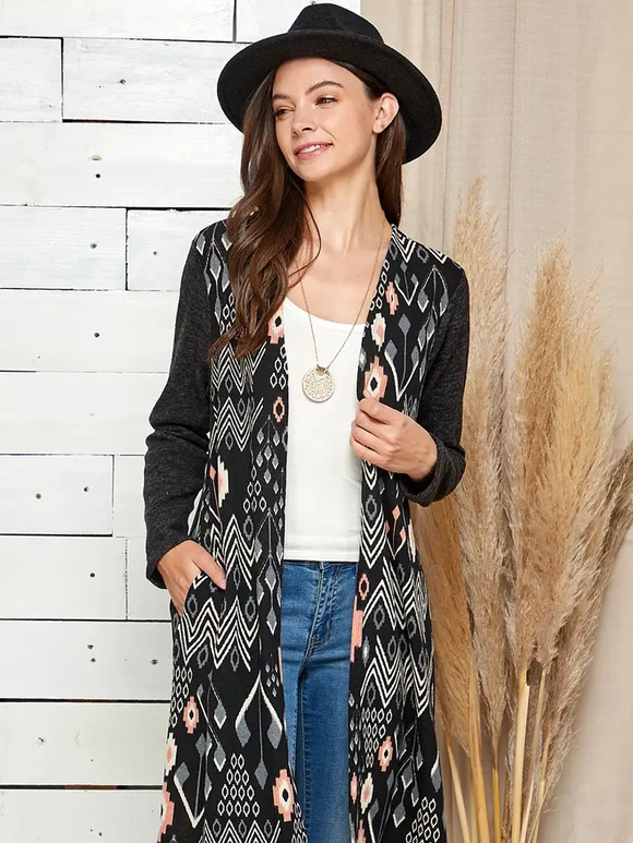 Contrast Aztec Print Soft Pocket Cardigan