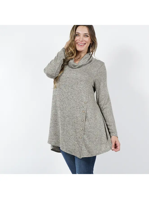 Curvy Cowl Neck Side Button Asymmetric Tunic