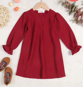 Girl's Burgundy Woven Long Sleeve Dress