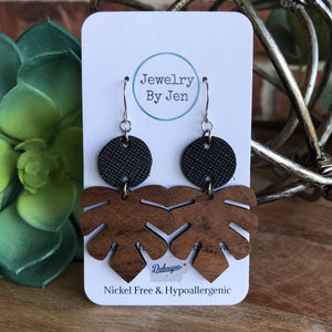 Wood Monstera Leaf & Black Earrings