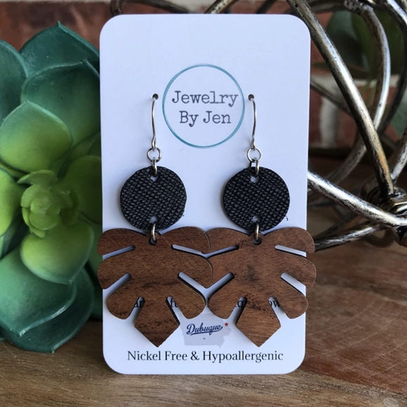 Wood Monstera Leaf & Black Earrings