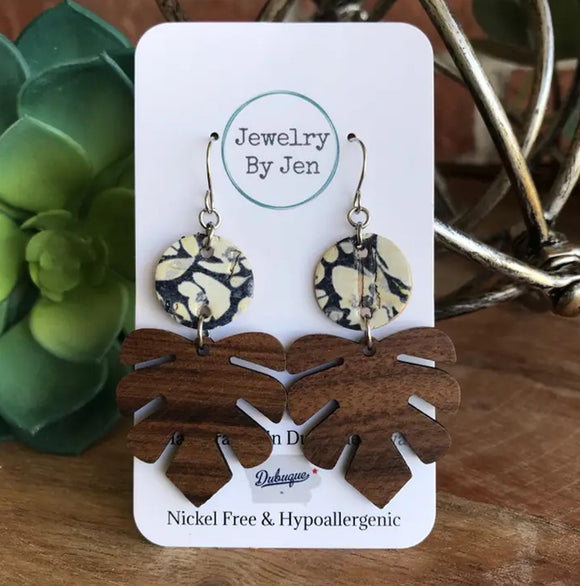 Wood Monstera Leaf & Navy Floral Cork Earrings