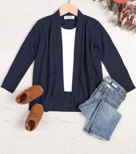 Girl's Navy Waffle Pocket Cardigan