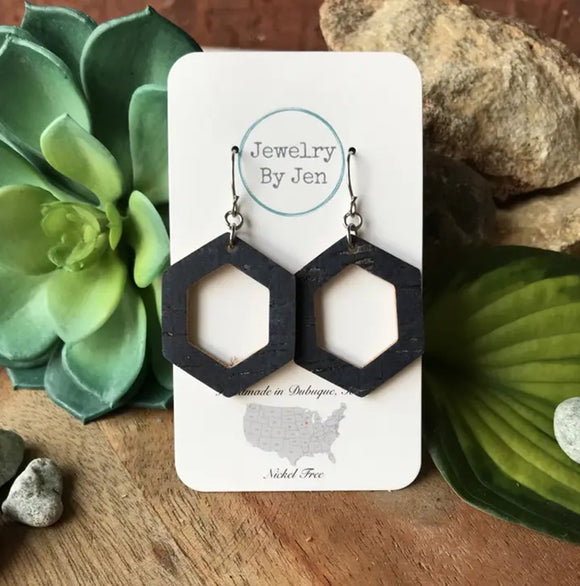 Hexagon Earrings: Navy Cork