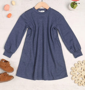 Girl's Navy Puff Sleeve French Terry Dress