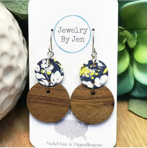 Round Wood & Floral Cork Earrings