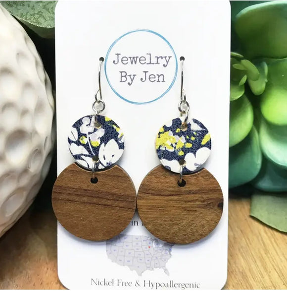 Round Wood & Floral Cork Earrings