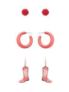 3 Pairs Cowboy Boots Earrings Set -Pink/Boots