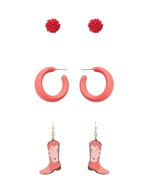 3 Pairs Cowboy Boots Earrings Set -Pink/Boots