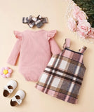 Baby Girl Bodysuit and Plaid Suspender Skirt Set