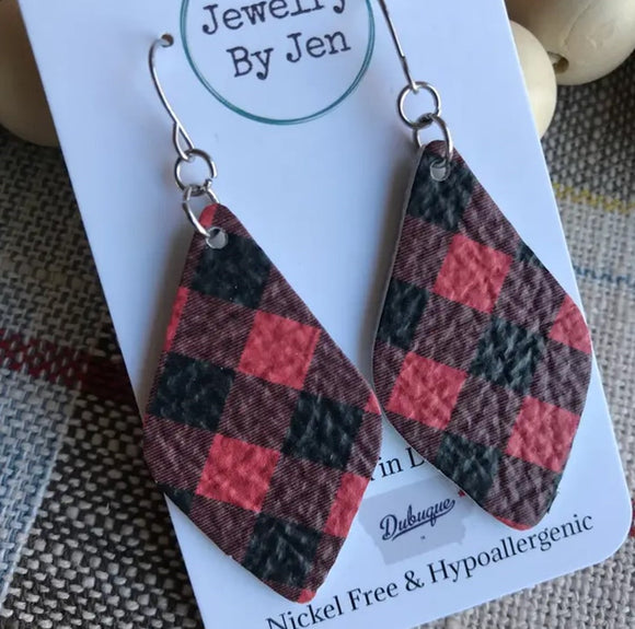 Lora Earrings: Black & Red Buffalo Plaid