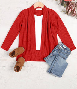 Girl's Red Waffle Pocket Cardigan