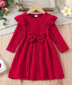 Girls Solid Ribbed Flutter Trim Bow Dress