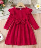 Girls Solid Ribbed Flutter Trim Bow Dress