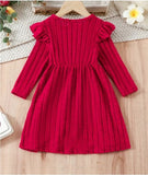 Girls Solid Ribbed Flutter Trim Bow Dress