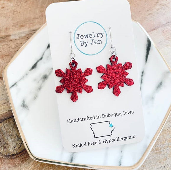 Snowflake Earrings (Small): Fine Red Glitter