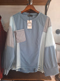 Dusk Blue Colorblock Patchwork Waffle Top