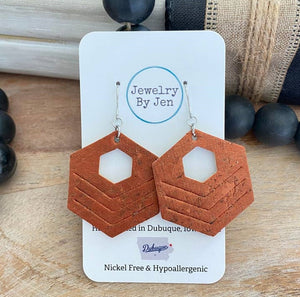 Embossed Hexagon Earrings: Rust Cork