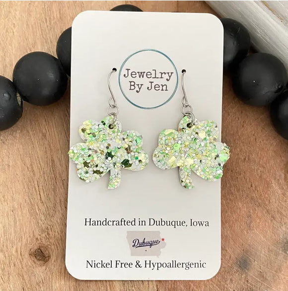 Small Shamrock Earrings: Spearmint Glitter