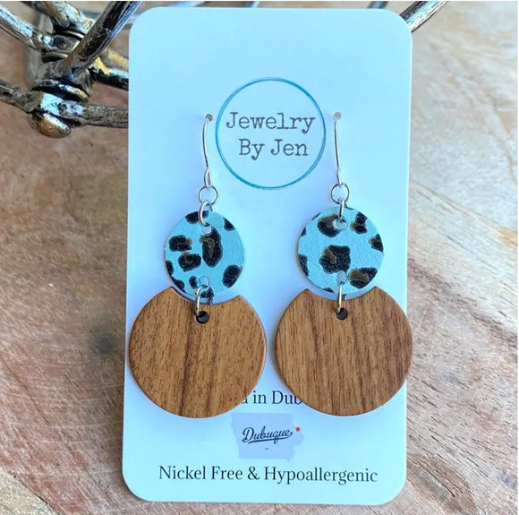 Round Wood & Leopard Earrings