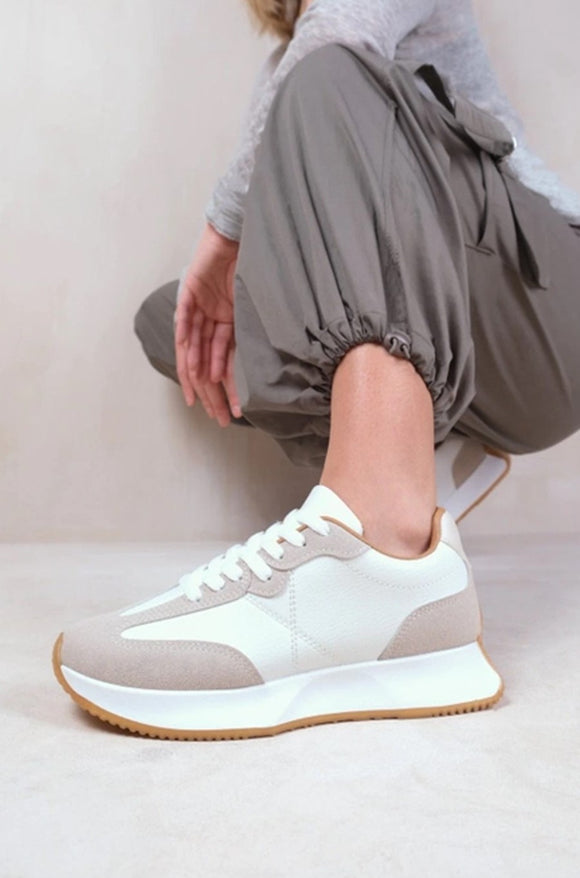 White Grey Lace Up Flat Chunky Sneakers