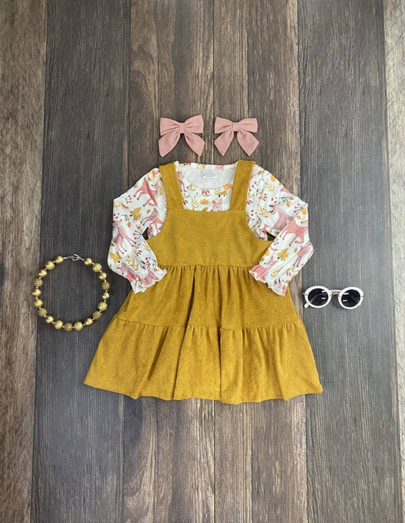 Sweet Deer & Mustard Overall Dress Set