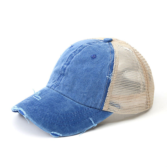 Blue Distressed Ponytail Baseball Cap