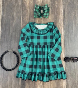 Girl's Green Buffalo Plaid Dress