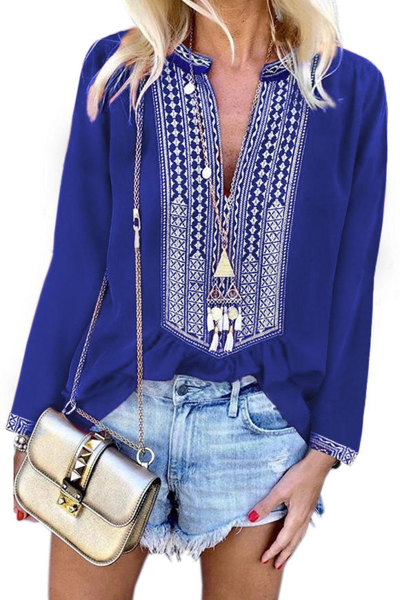Blue Embroidered Long Sleeve Blouse