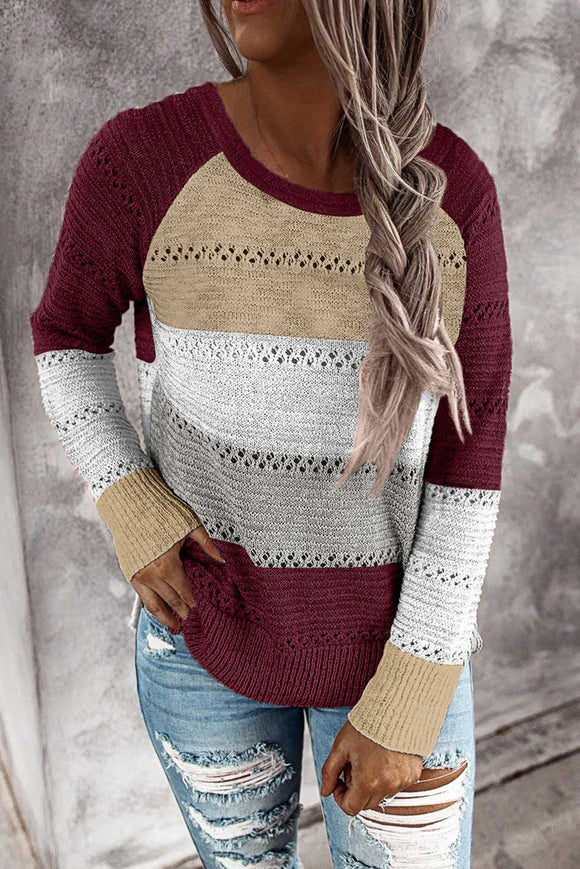 Wine Color Block Knit Sweater