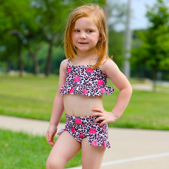 Girl's 2 Piece Leopard Rose Swimsuit