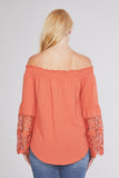 Coral Off Shoulder Lace Sleeve Top