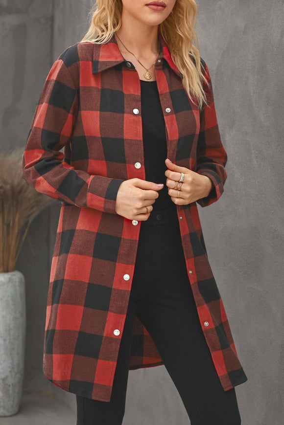 Red Plaid Collared Shirt Coat