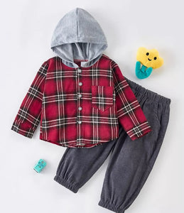 Toddler Boy Hooded Red Flannel 2 PC Outfit