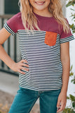 Girl's Red Striped Pocket Casual Tee