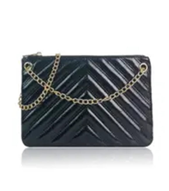 Chain Chevron Pouch Crossbody Bag - Black